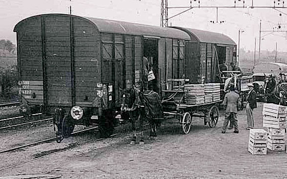 Bahnverlad mit Pferdefuhrwerken